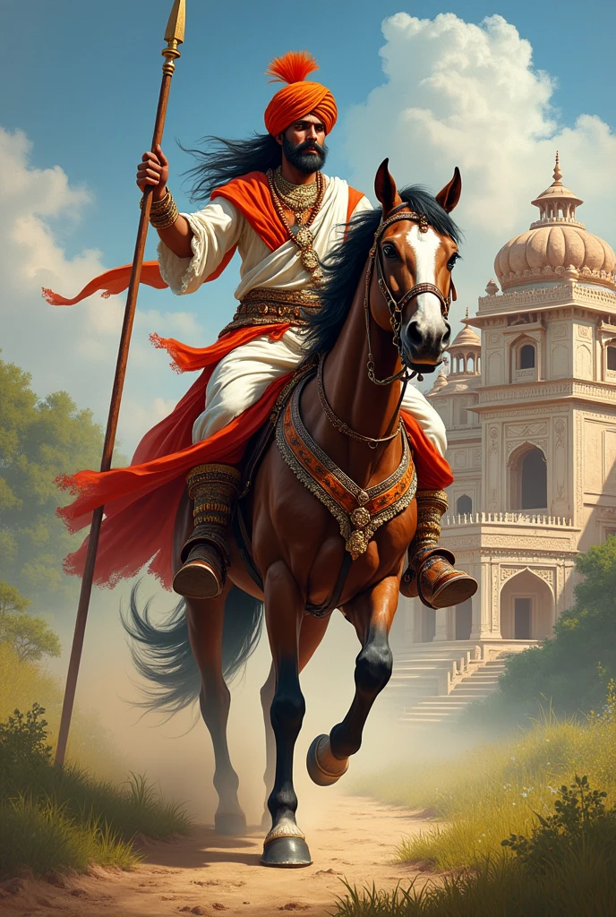 A Rajput warrior riding on horse, he is carrying harpun, he is wearing white red blue dress and orange turbun, background midiyam size mantion, 2d potrait images by sides