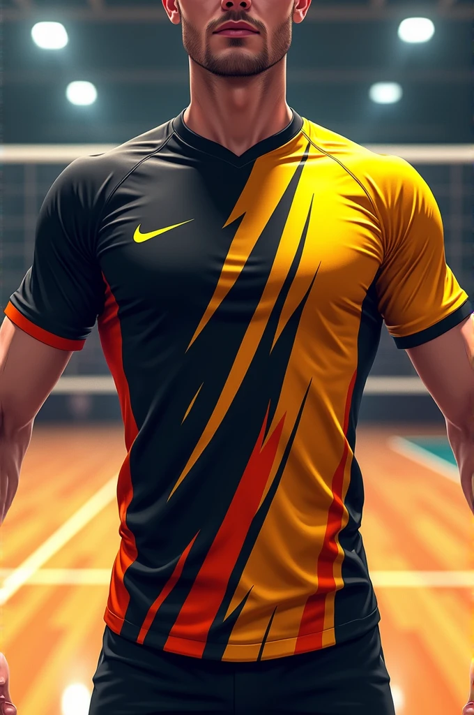 Create an illustration of Black, yellow and orange Volleyball Jersey for men