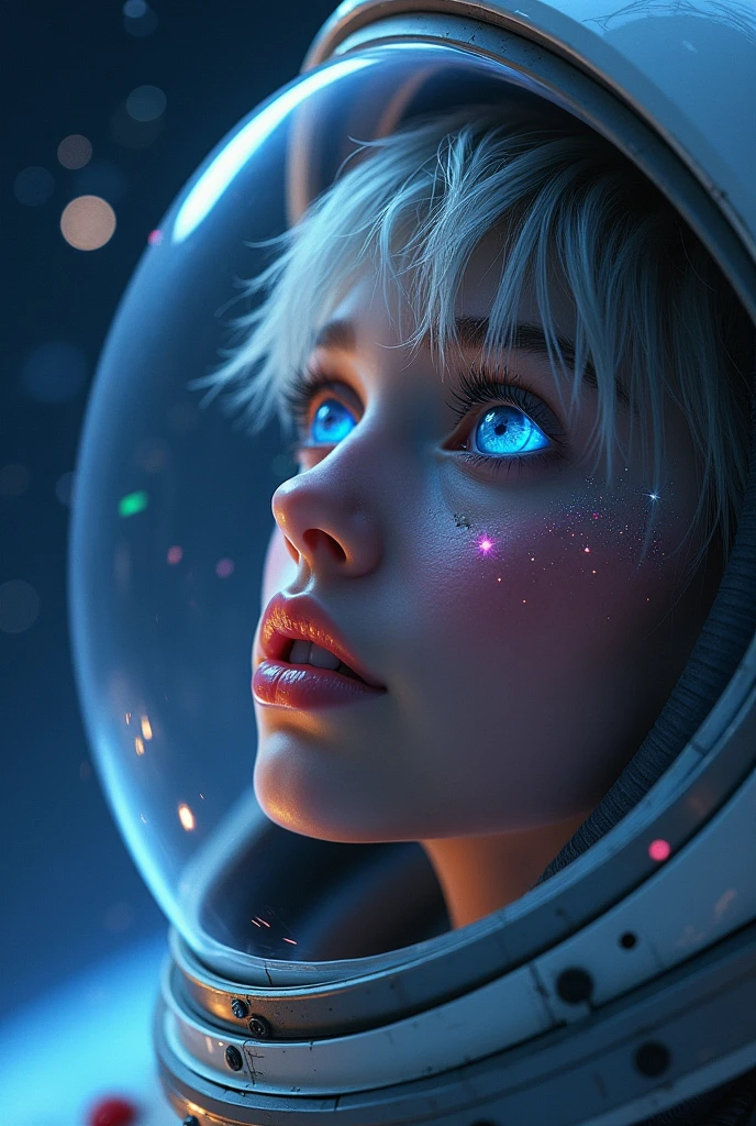 (Close-up of a better masterpiece:1.5)0.9], (Space and astronauts:1.2) (Messy silver hair:1.1) (Heterochromia xanthochromia and blue eyes:1.2) (Space Helmet:1.0) (Colored stars in the eyes:1.0) (A radiant glow:1.1) (thick lips:0.9)