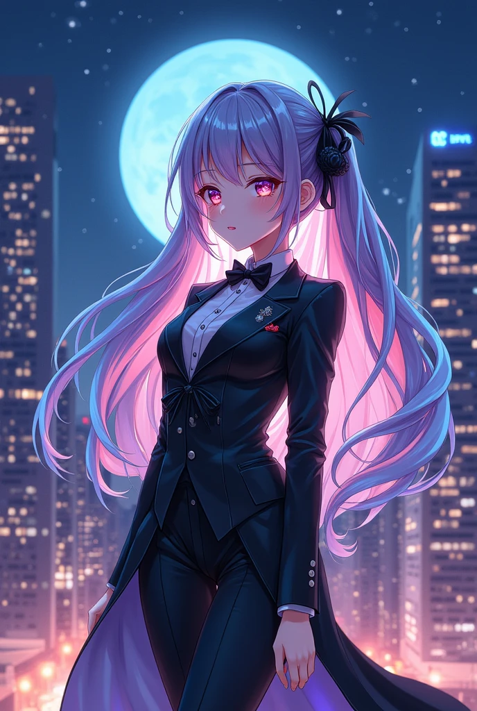 Beautiful anime girl with iridescent reflective crystal hair and iridescent eyes, wearing a black and white suit with a long tail coat