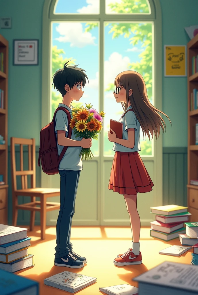 A boy friend force to boy propose the crush and a crush stand backward with book in school in animetion 
