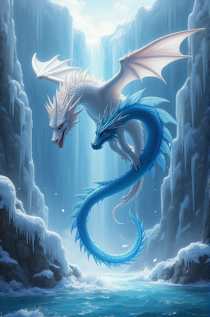 A white and a blue dragon with ice and water in the background 