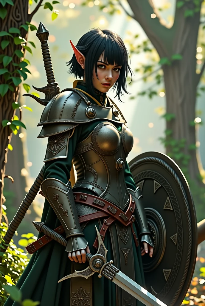 Elfa warrior with short black hair
Wearing a kite shield and a sword