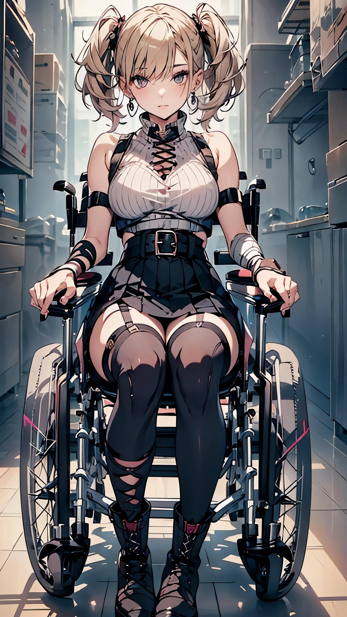 24 years old woman in wheelchair,middle twintales blonde hair,gothic style fashion,pink sweater with vertical lines,black pleated skirt,earrings,garter belt,black knee socks, lace up long boots,arm brace,leg brace.