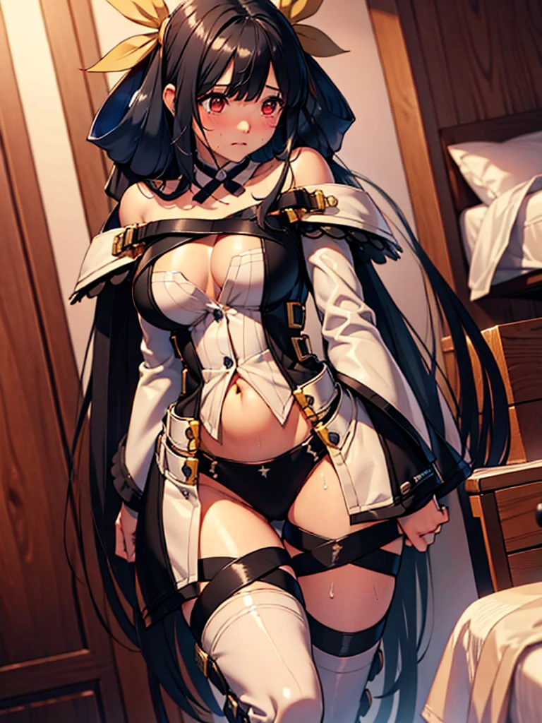 (​masterpiece、top-quality、hight resolution、Unity 8k、extremely details CG:1,Best Picture), nakoruru, black hair, A woman dressed in a cosplay outfit, suddenly realizing that it's more revealing than she expected. She has a surprised and slightly embarrassed expression on her face, with wide eyes and a slight blush on her cheeks. Her body language shows hesitation, maybe with one hand awkwardly trying to cover up or pulling at the costume to adjust it. The overall mood is a mix of regret and self-consciousness, as she thinks, "Oh no, I shouldn't have agreed to this so quickly!" hair ribbon, detached sleeves, underwear, thighhighs, thigh strap, choker, belt, tail, tail ornament, bare shoulders, navel, hotel room, sweat