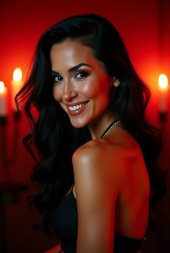 Woman in her 60s, very thin, very white with many wrinkles, posing for the camera in a sensual way, naked, smiling and showing her teeth, heavy makeup, long black and black hair, looking at the camera, detailed photo, realistic lighting, High quality real skin: 1.4, Enhanced cinematic lighting: 0.9, hyper-realistic: 1.4, (soft lighting: 1.05) moving figure, sexy dominant pose, domination, lover, BDSM, red room with candles