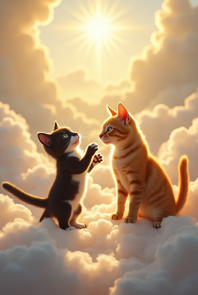 Kitten tuxedo cat with black mustache and adult orange cat playing in heaven with jesus