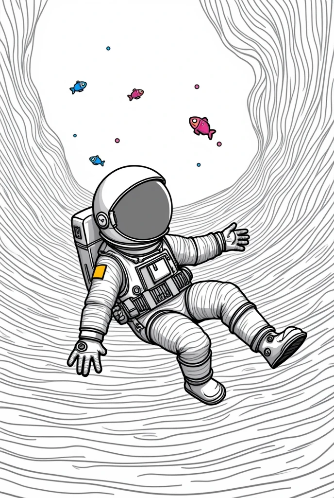 Astronaut coloring page in a water-filled planet, low-angle view, black and white