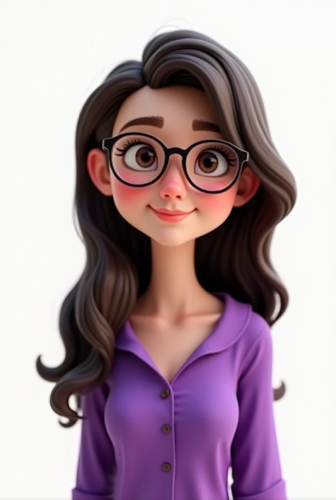 a one woman,Caucasian skin,shy smile,wearing small glasses,long dark brown hair, wearing a purple blouse,white background,Pixar-style, ..3d, Cartoon s, face detailed, asymmetric 16k