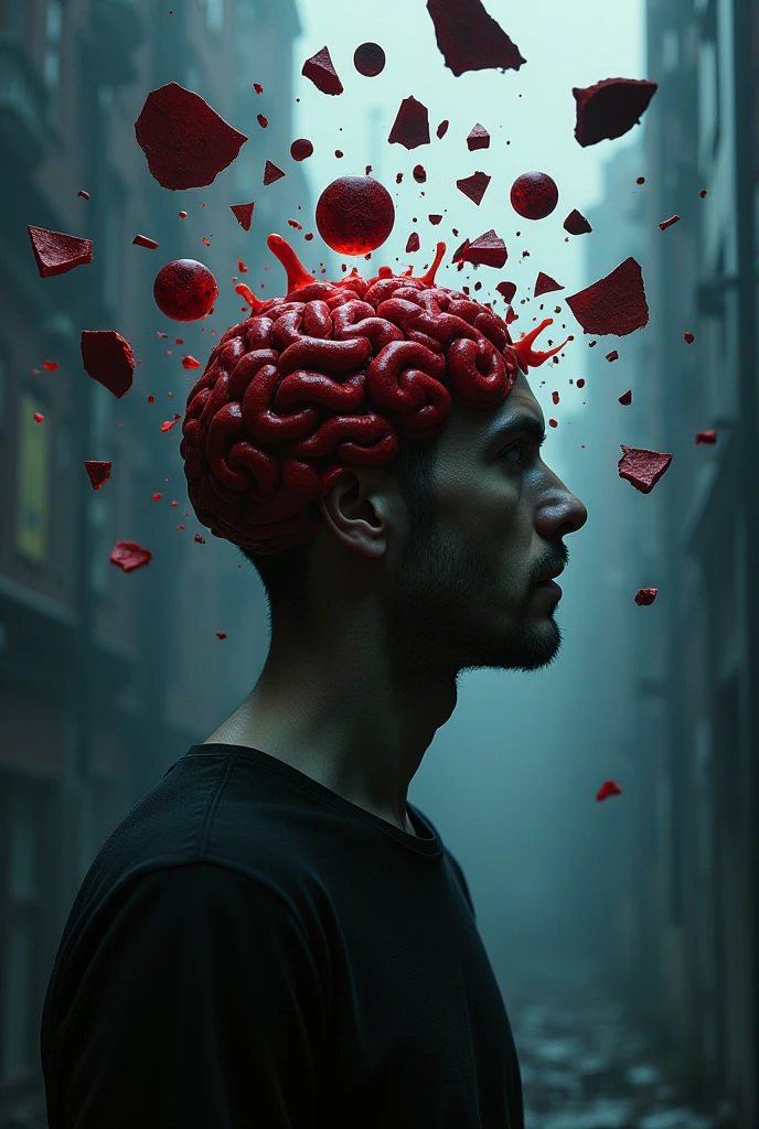 A man's brain that has been emotionally, financially, and personally traumatized, shattered within, with each fragment shaped like an emotional aspect floating in the air, with red blood streaks