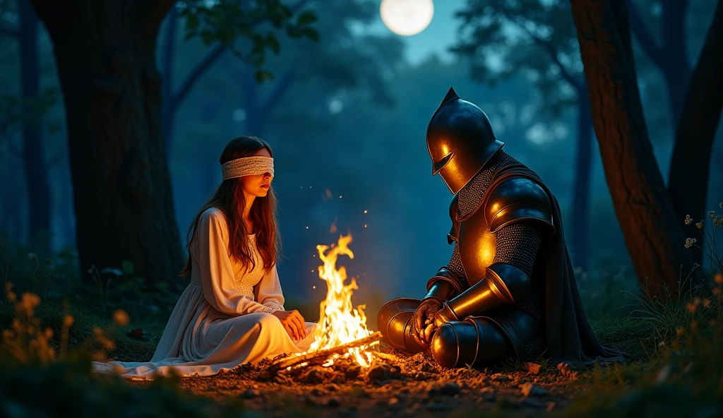 Draw a picture of two people:a blindfolded in your eyes woman and a 
men knight medieval helmet, sitting by a fire at night in a forest. fantasy, middle-earth, draw,