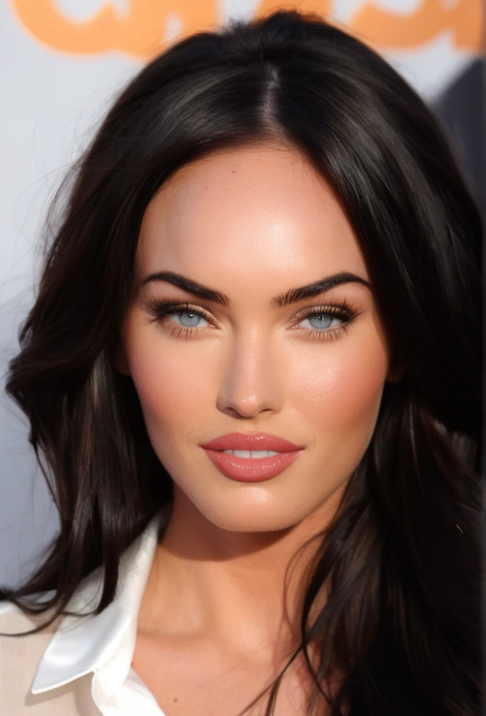 (MeganFox)drawing of the face of a 35 year old woman,long hair,dark haired,white satin shirt With Biggest busty 