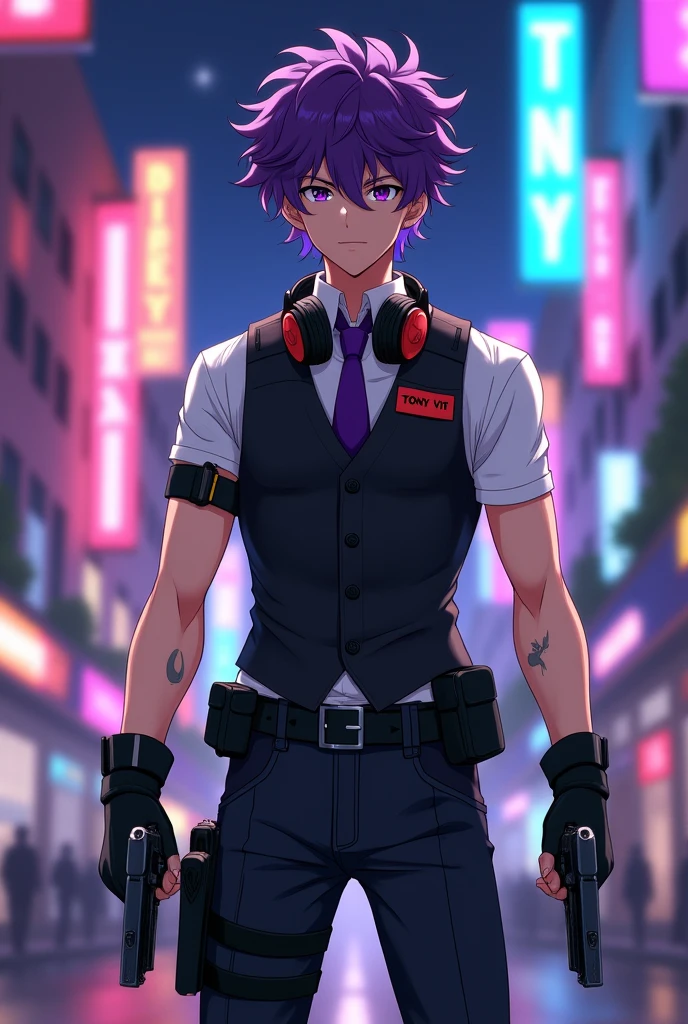 Anime guy about 21 years old, he has purple eyes and purple curly hair, he wears black jeans, boots, white shirt with short sleeves, Purple tie, formal vest, Black Leather Fingerless Gloves, There are purple headphones hanging around the neck. and a wristwatch on the right wrist, There is a small scar from a wolf bite on my left arm, holds two BERETTA M9 pistols with silencers, pumped up, wearing a black bulletproof vest, knee pads, elbow pads, The bulletproof vest says TONY VIT