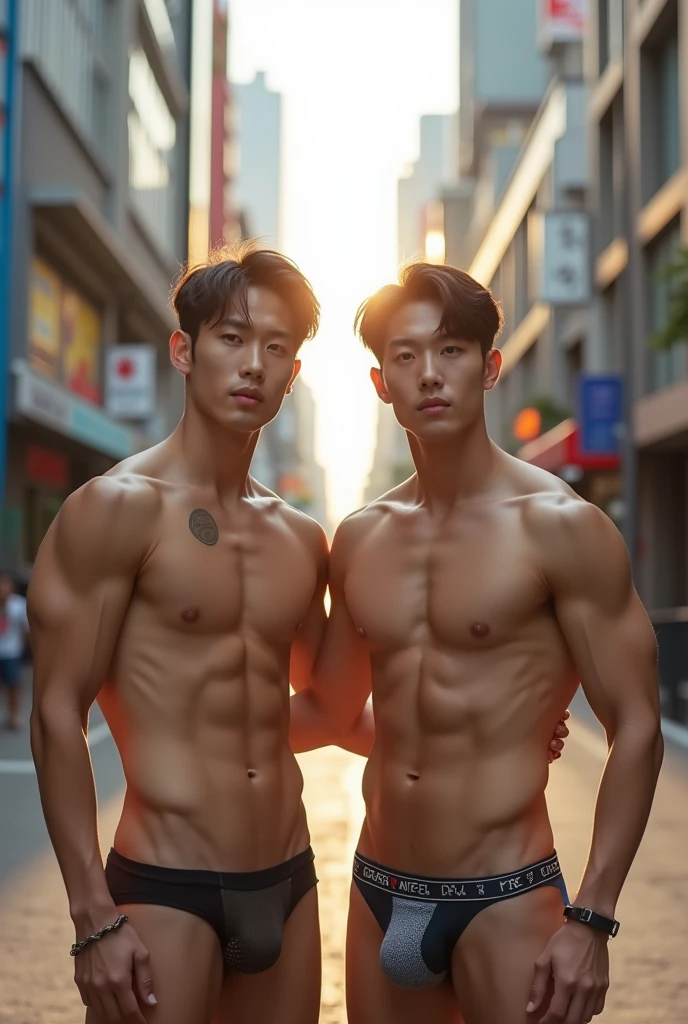 Two boys, Korean, Male focus, handsome, idol, K-pop, in the street, bang, muscle, morning, soft light, sexy, thong underwear, abs, topless, city