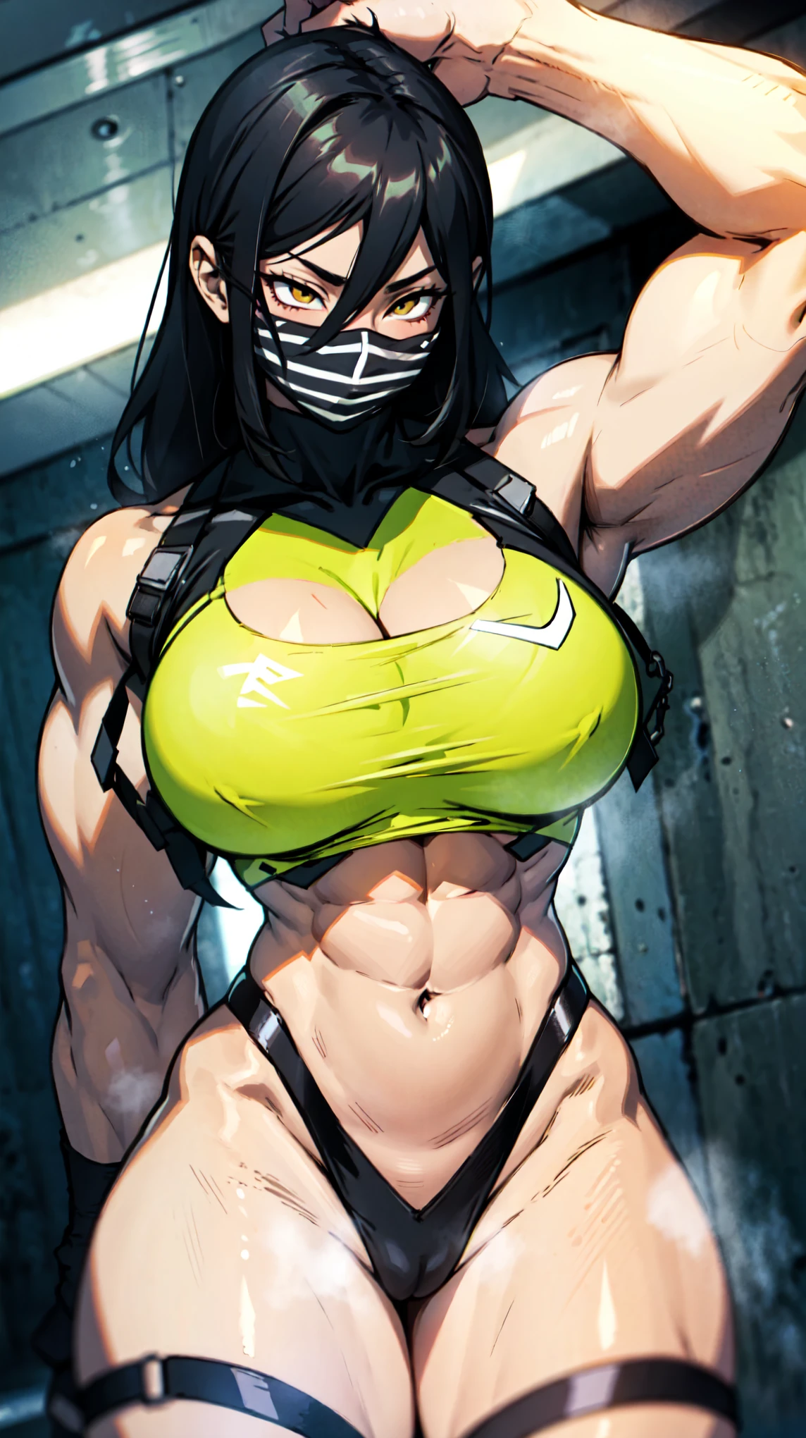 empty eyes embarrassed girl female huge breasts breasts pale skin 1girl muscular toned body huge breasts thick thighs black hair yellow eyes bodybuilder intricate pattern high details