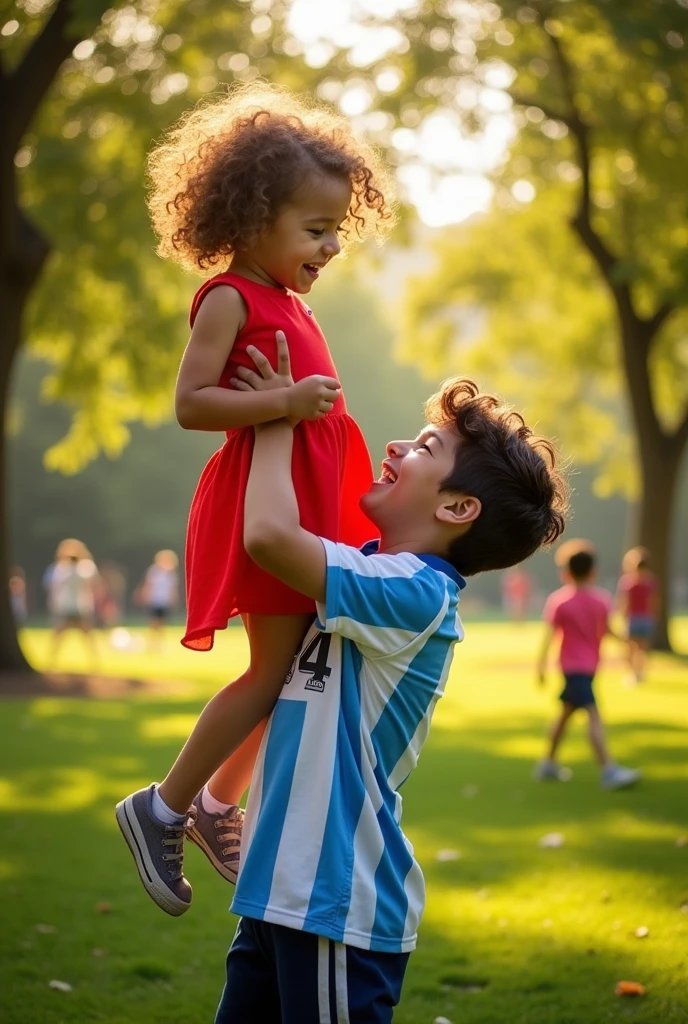 Boy with Argentine shirt number named Corko holding a girl named Nadia 