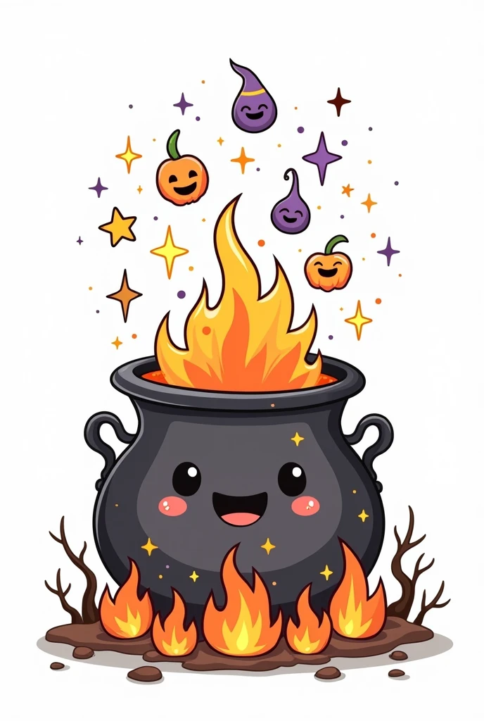 Cute and kawaii halloween magical potion spilling into a cauldron on fire coloring Page, simple for toddlers, bold and easy, black bold lines White background, for a coloring book black and white, líne art, only outlines, but the design is simple and bold, no greyscale