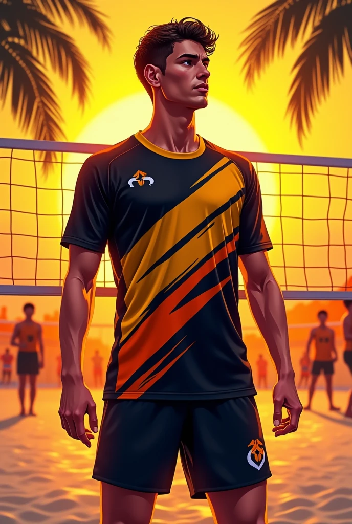 Create an illustration of Black, yellow and orange Volleyball Jersey for men