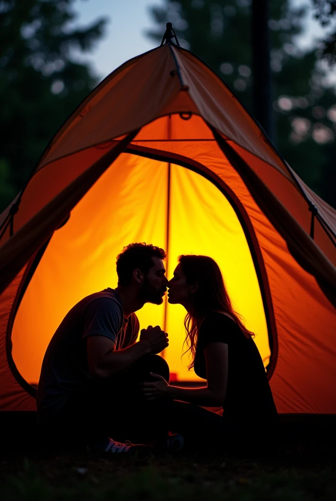 A camping tent set up at a campsite,The silhouette of a man and a woman in a doggy style sex position is reflected in the shadows.,