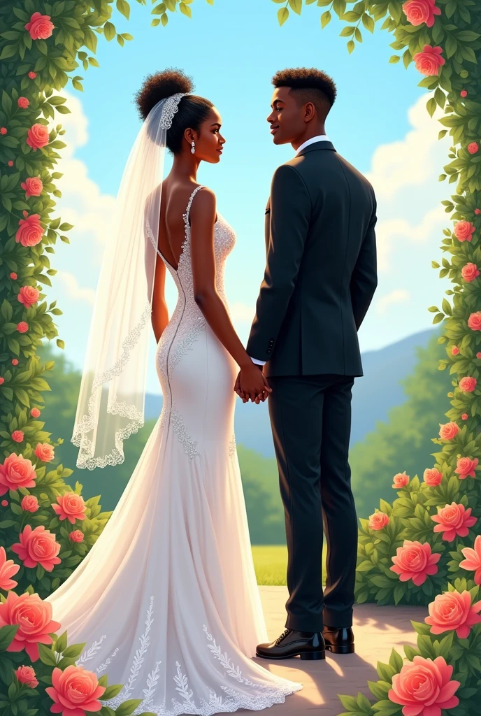 African American bride and groom from back illustration 