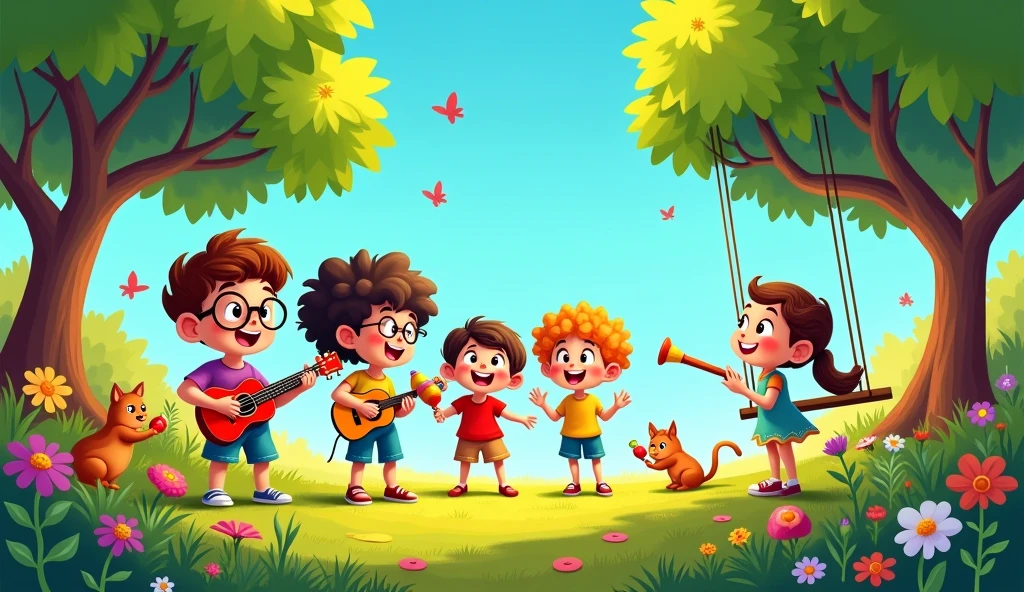 A group of cartoon children gathered in a lush garden, each holding a unique musical instrument, their voices harmonizing in a joyful song.