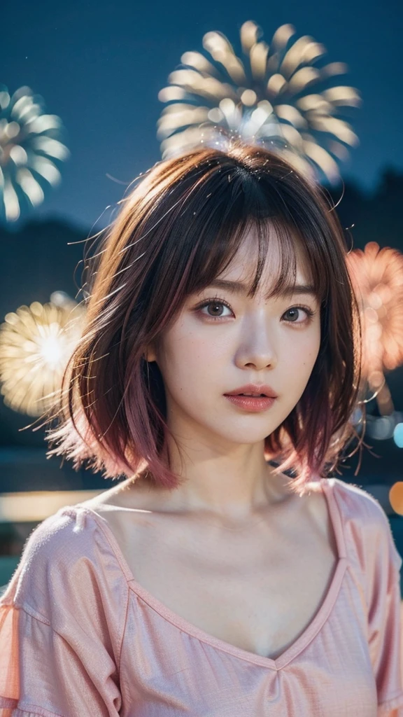 Model actress、One Woman、cool、Japanese and half European、Close-up of face、30 generation beauty、Realistic Skin、4K images、bright pink hair、Short Hair、The background is blurred fireworks.、night、Summer clothing