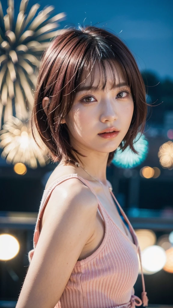 Model actress、One Woman、cool、Japanese and half European、Close-up of face、30 generation beauty、Realistic Skin、4K images、bright pink hair、Short Hair、The background is blurred fireworks.、night、Summer clothing