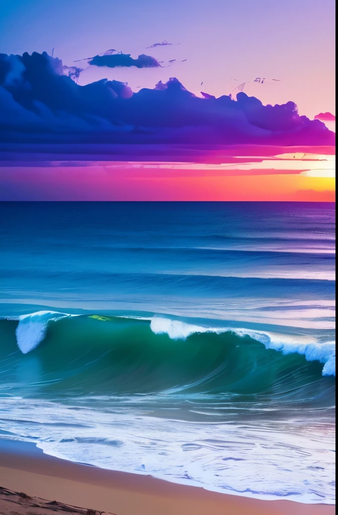 a purple and blue sunset over the ocean with waves, digital art by Mike "Beeple" Winkelmann, tumblr, color field, beautiful vibrant colors, beautiful colors, stunning colors, gorgeous colors, magical colours and atmosphere, breathtaking colors, amazing colors, beautiful colours, magical colors and atmosphere, vividly beautiful colors, amazing colours, moody beautiful colors