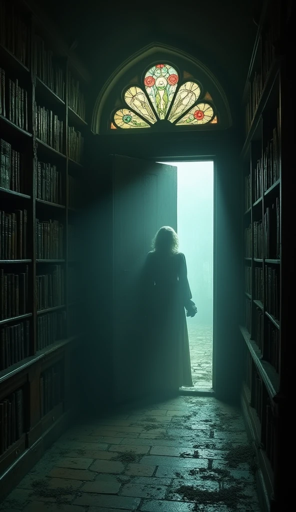 In the library darkness, the only thing that can be seen is the ghostly face of the woman, her hollow eyes staring out from the shadows on the door