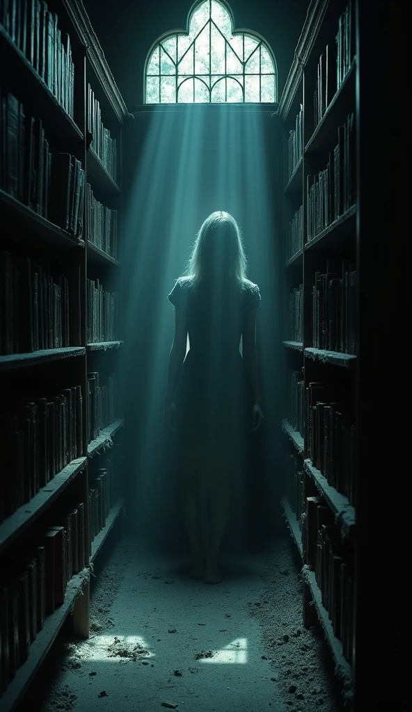 In the library darkness, the only thing that can be seen is the ghostly face of the woman, her hollow eyes staring out from the shadows on the door