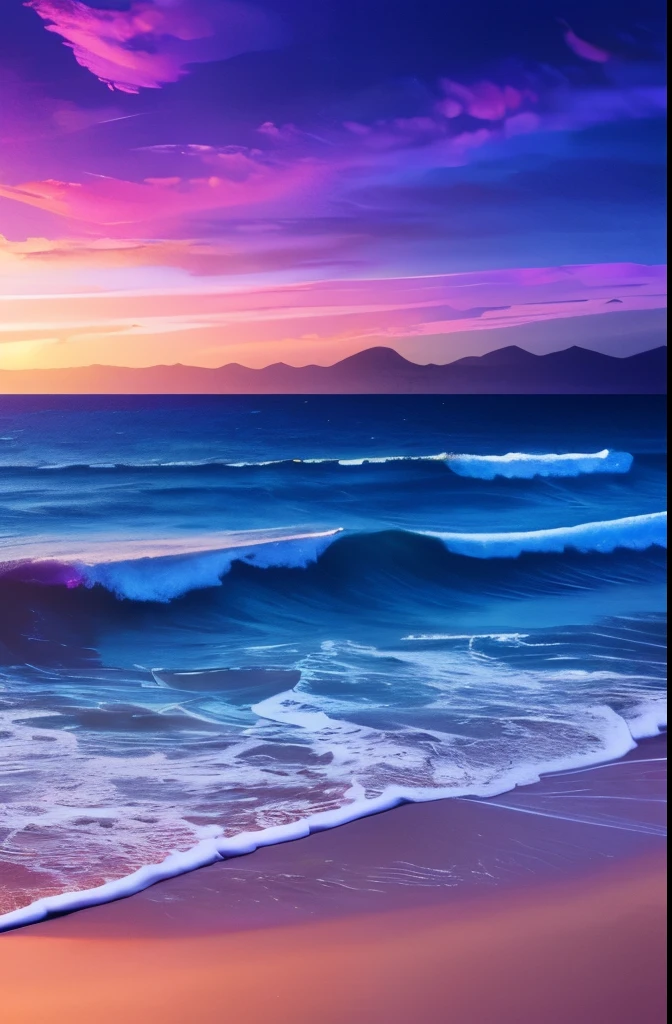 a purple and blue sunset over the ocean with waves, digital art by Mike "Beeple" Winkelmann, tumblr, color field, beautiful vibrant colors, beautiful colors, stunning colors, gorgeous colors, magical colours and atmosphere, breathtaking colors, amazing colors, beautiful colours, magical colors and atmosphere, vividly beautiful colors, amazing colours, moody beautiful colors