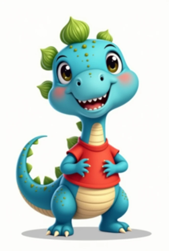 An illustration for children of a dinosaur, with red shirt, trouserless, blue skin, green dinosaur crests on the head and tail, cute cartoon smile, full body, with an appearance of tenderness, White background