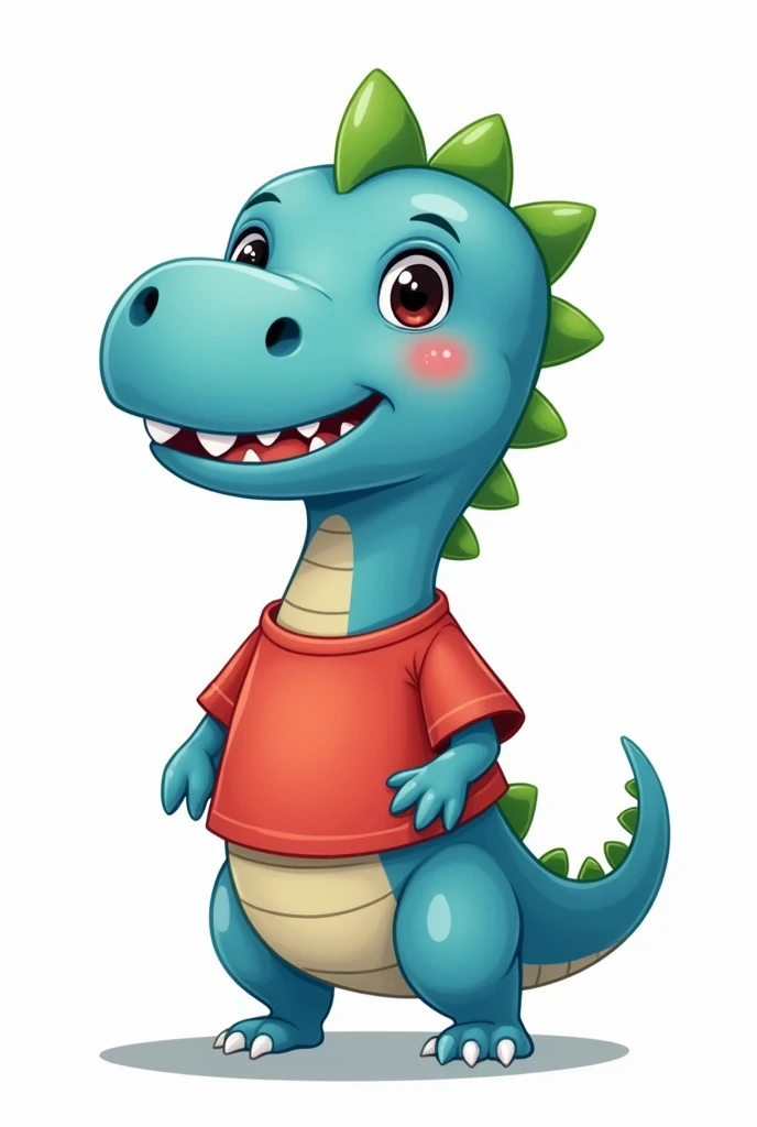 An illustration for children of a dinosaur, with red shirt, trouserless, blue skin, green dinosaur crests on the head and tail, cute cartoon smile,  full body, with an appearance of tenderness, White background