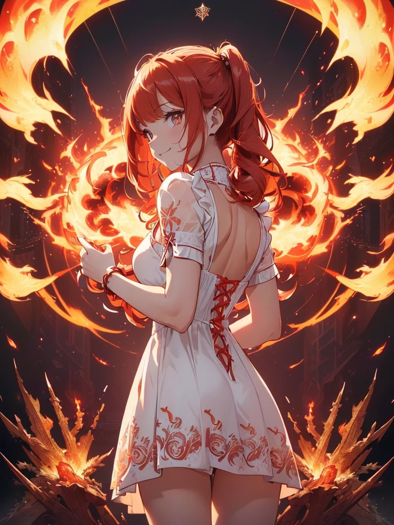 (((best quality, sharp image, clear image, cinematic lighting, 8k resolution, masterpiece, ultra detailed, intricate))) Girl, (((looking over left shoulder))), (shot from behind), ((half shot)), fiery red hair, pigtails, ((white dress)), ((flaming sigils, flaming runes)), spiky rock formations, (flaming lotus flowers frame), (intricate background), ((Phoenix)), (swirling flames), smiling