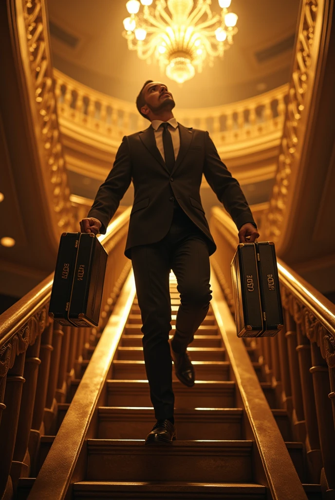 A horizontal ladder at the end of the stairs with a prize, and a rapper carrying a weight of a lot of money and suitcases from Goiás Cauê make it difficult for him to close at the top