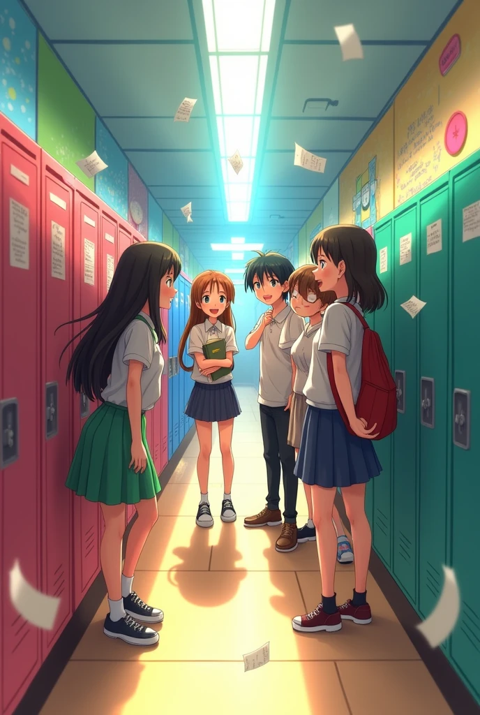 friend force and push to boy propose the crush and a crush stand backward with book in school in animetion