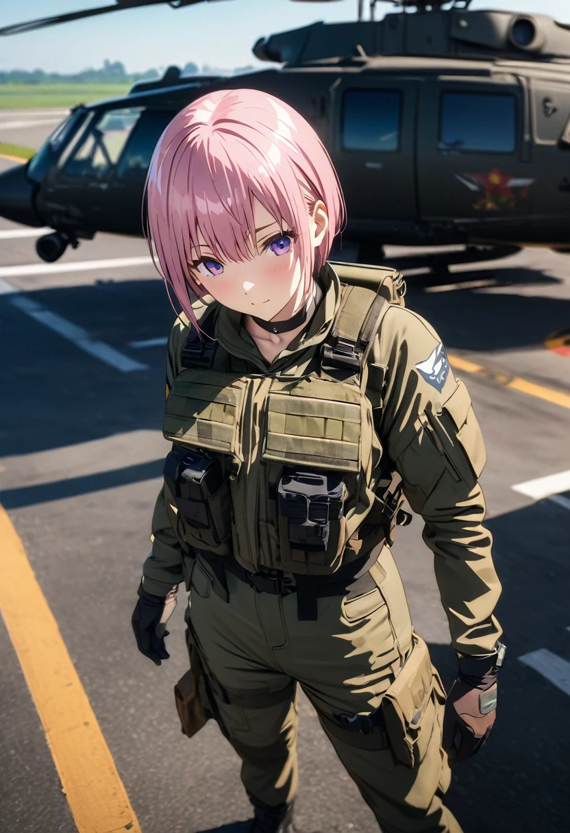 (Highest quality, 4K, 8k, High resolution, masterpiece:1.2), Very detailed, Picturesque, Anime style photo, Photo Anime:1.37)、Japanese、(Pink hair)、(pixie cut)、smile、Black choker、Camouflage jacket、Camouflage 、Camouflage helmet、Lace-up boots、Assault Rifle、whole body、Nakano Ichika