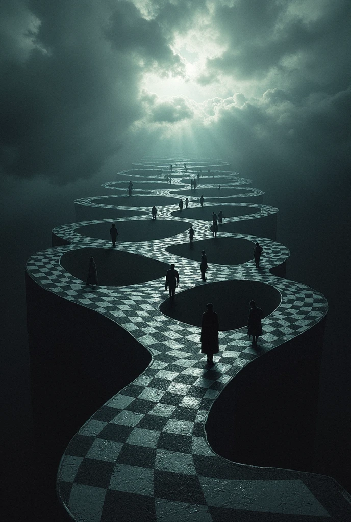World of Chaos, various paths with black and white checkered color, upside-down and everywhere paths, dark, close sky