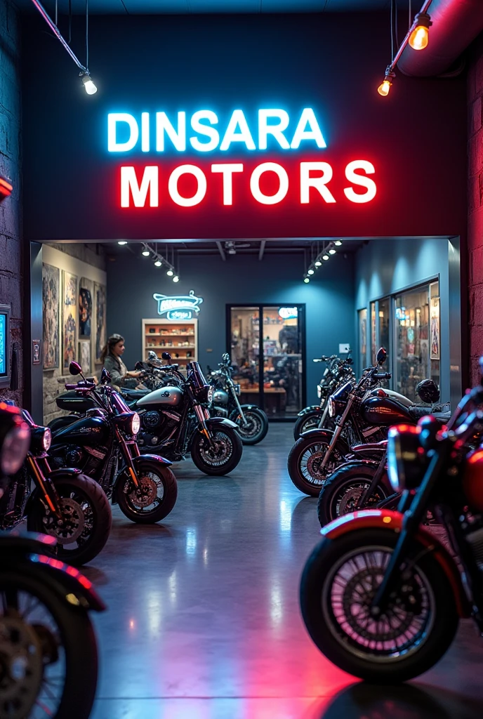 A motorcycle showroom , with name board ' DINSARA MOTORS ' in neon lights. HQ realistic image