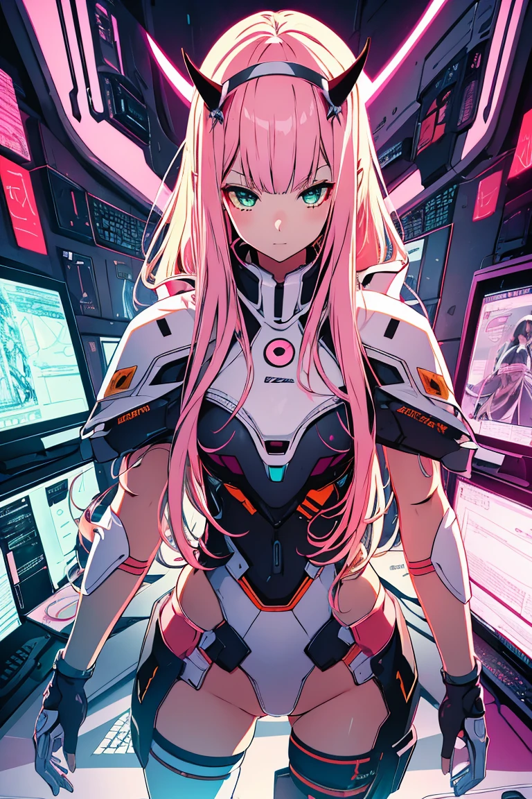 piece of art, maximum quality, best quality specialist, official art, beautiful and aesthetically pleasing, anime, 1 girl, zero two, extremely detailed, colorful, more detailed ((ultra details)), (highly detailed computer illustration), standing alone, pink hair, pair of horns, green eyes, long hair, (character focus), pilot suit, naked, Science fiction, nsfv