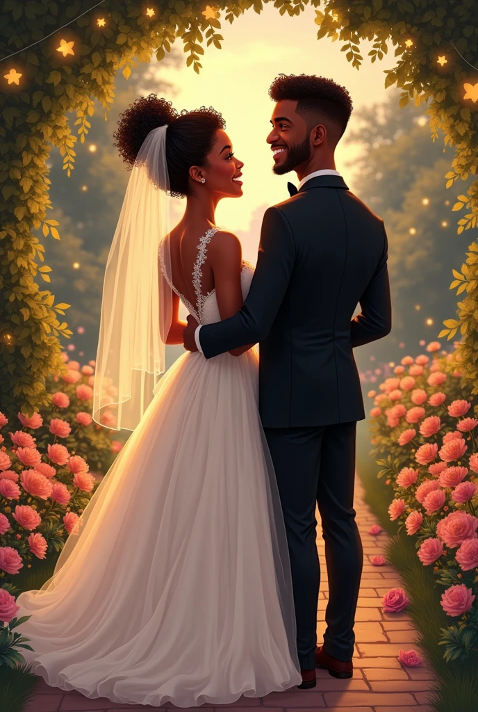 African American bride and groom from back illustration, Make them plump