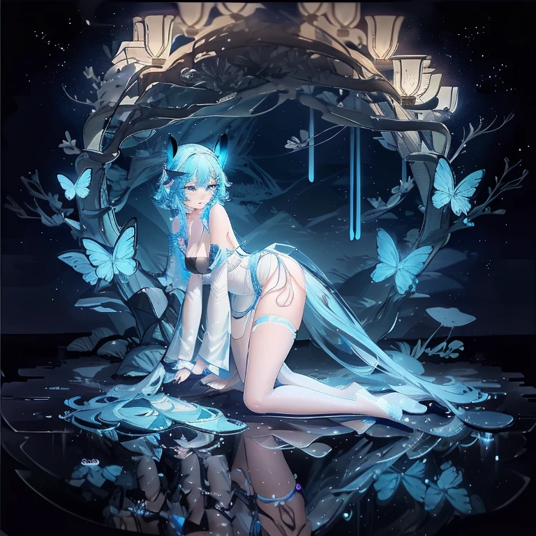 Lots of blue butterflies、Background Black、Line art、Neon LightThe overall look is dark，Blue glow, Glowing Blue, Glowing Details!, Glowing Aesthetics, Shining with Magical Light, White Glowing Veins, Glowing Details, Shimmering with Colorful Lights, Bioluminescent Skin!, with Glowing Blue lights, anime characters; full body art, Glow effect, Luminous veins, Blue light. fantasy, A cartoon girl in a glowing outfit sits on the ground. The neon on her body is the light source.
