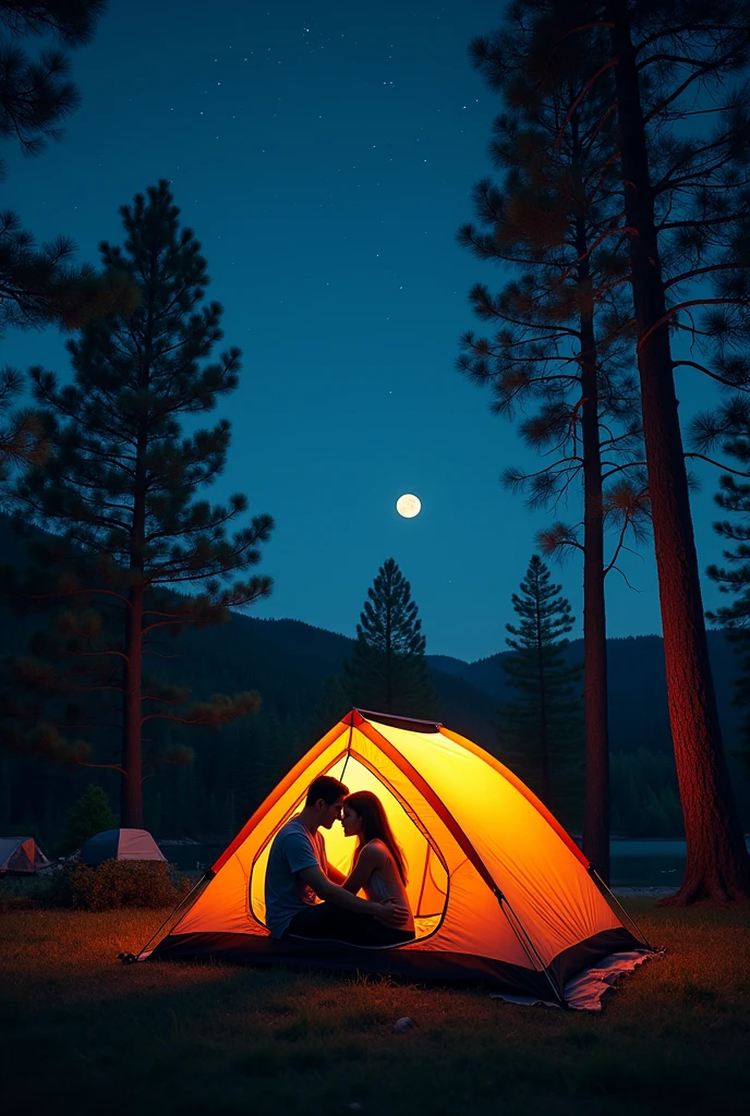 A camping tent set up at a campsite,Silhouette of a man and woman having doggy style sex,