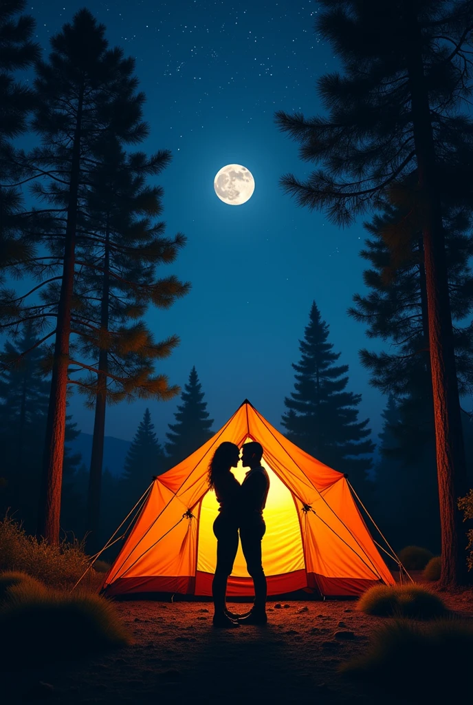 A camping tent set up at a campsite,Silhouette of a man and woman having doggy style sex,