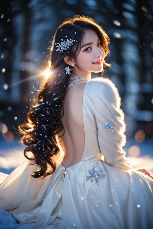 unsurpassed masterpiece, Ultra photo realsisim, perfect artwork, intricate details, Best Quality, strong light,High contrast, the night, Starlights, northern lights, (((back light))), Glowing Hair, Girl sitting on a white ice throne, , a beaut, blurred background, Smile, breeze, (((diamond_necklace))), (((snowing,Snow Flower))),