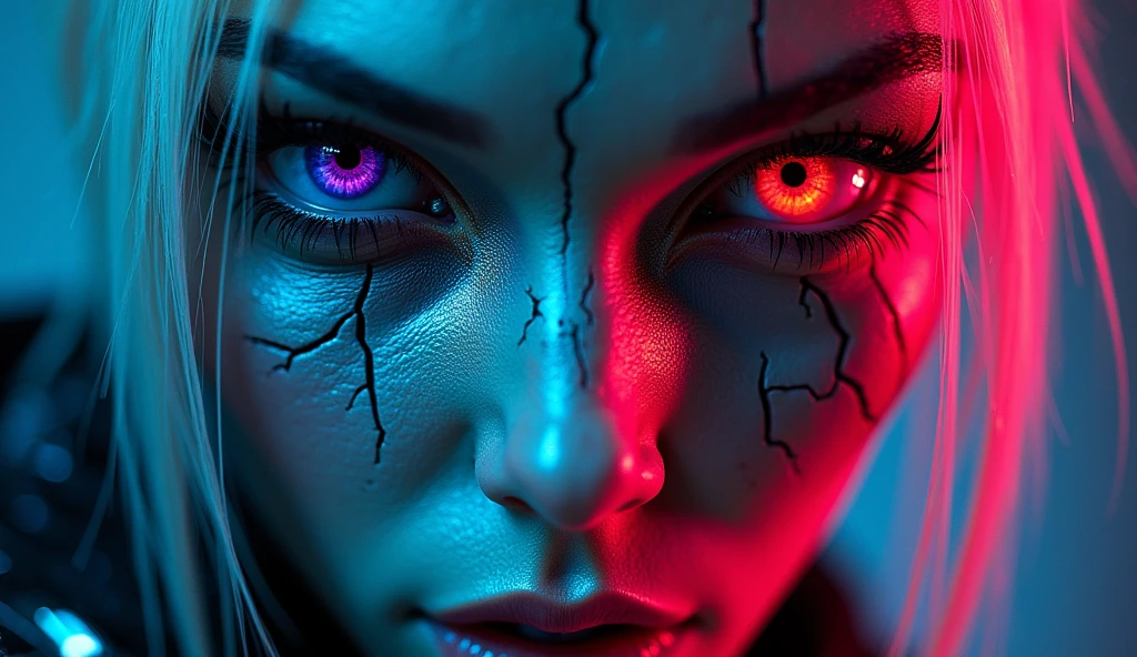 "A close-up of a cyberpunk-inspired face, combining human and mechanical elements. The skin is cracked and metallic, with neon lights glowing through the cracks. One eye is a glowing cybernetic implant, while the other retains a menacing human glare. The hair is made of sleek, metallic fibers that catch the neon light. The style should be vibrant and futuristic, with a strong contrast between the dark metal and the bright neon lights."