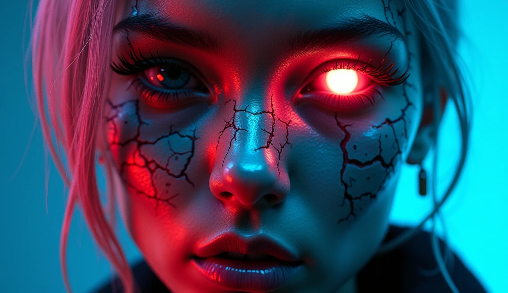 "A close-up of a cyberpunk-inspired face, combining human and mechanical elements. The skin is cracked and metallic, with neon lights glowing through the cracks. One eye is a glowing cybernetic implant, while the other retains a menacing human glare. The hair is made of sleek, metallic fibers that catch the neon light. The style should be vibrant and futuristic, with a strong contrast between the dark metal and the bright neon lights."