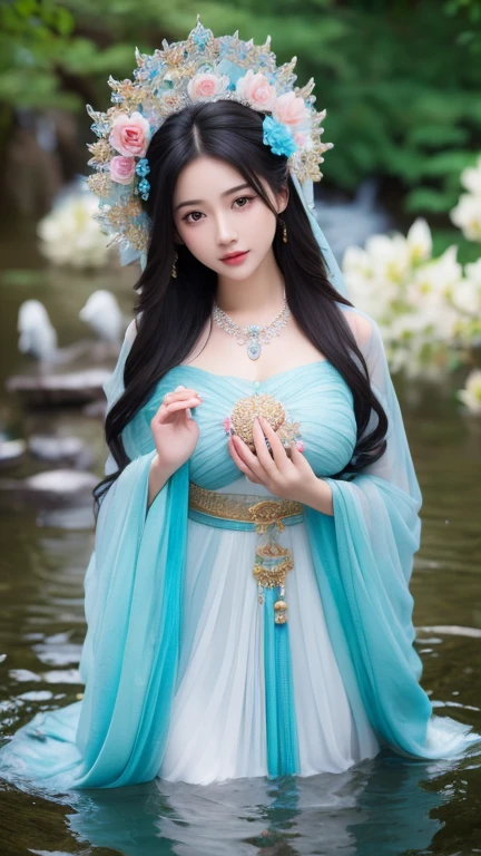 (masterpiece,Highest quality,,8k,High resolution),One female,,Beautiful Face,Beautiful Face,Beautiful eyes,Beautiful lips,Compassionate Mother Kannon,Black Hair,,Wave,,Standing on the surface of the water,,flower,bird,,moon,,jewelry,Holding,Long sleeve,Veil,necklace,Lotus,Long Hair,dress,(whole body),Highly detailed CG,