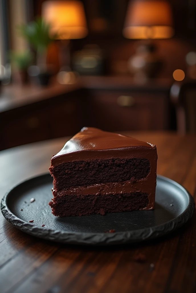 Chocolate cinematic movie scene, bolo de chocolate, darkness background, quality photo, Wet texture, penthouse, studio photo, slice. shallow depth of field, vignettes, highly detailed, high budget, bokeh, cinemascope, temperamental, epic, comely, film grain, grainy.