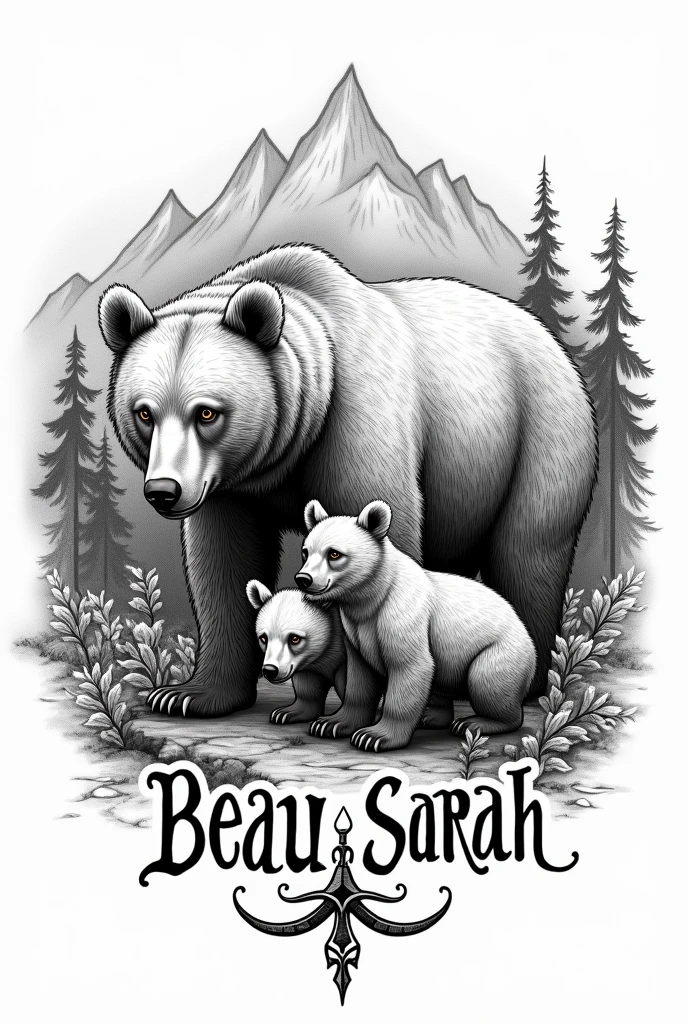 Tattoo sketch of a bear with cubs, with the names Beau and Sarah written in viking runes. 
